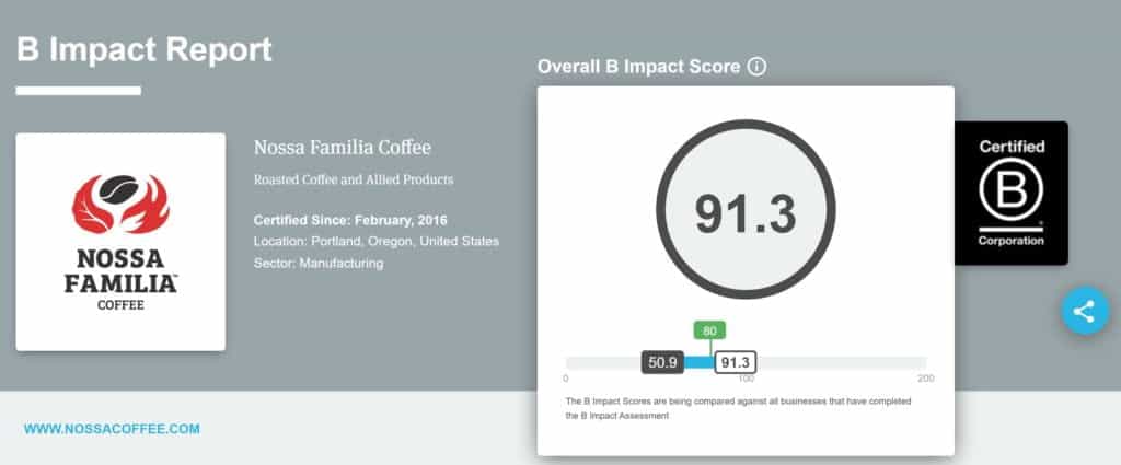 Nossa Familia Coffee B Corp Rating 