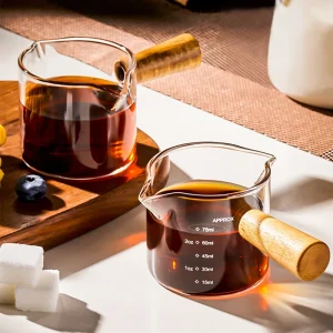 Coffee Measuring Cup with Wooden Handle Wood Handle Glass Espresso Measuring Cup Single Double Mouth Milk Jug Coffee Supplies Transparent Kitchen Measure