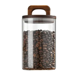 Glass Coffee Bean Container with Wooden Lid Handle Wood Lid Glass Jar Airtight Canister Food Container Tea Coffee Beans Kitchen Storage Bottles Jar Sealed 1