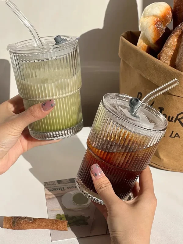 1 2pcs 450ml Stripe Glass Cup Transparent Glasses With Lid And Straw Ice Coffee Mug Tea 4