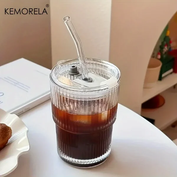 1 2pcs 450ml Stripe Glass Cup Transparent Glasses With Lid And Straw Ice Coffee Mug Tea 3