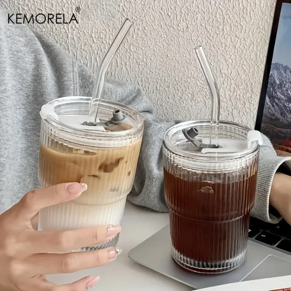 1 2pcs 450ml Stripe Glass Cup Transparent Glasses With Lid And Straw Ice Coffee Mug Tea 2